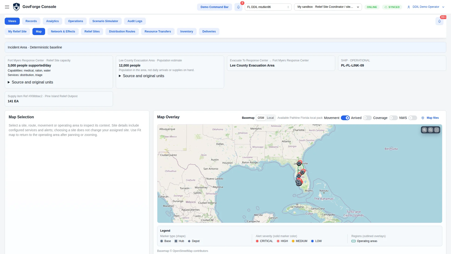 Pathline map of the Florida relief corridor with response-site capacity and evacuation assignment