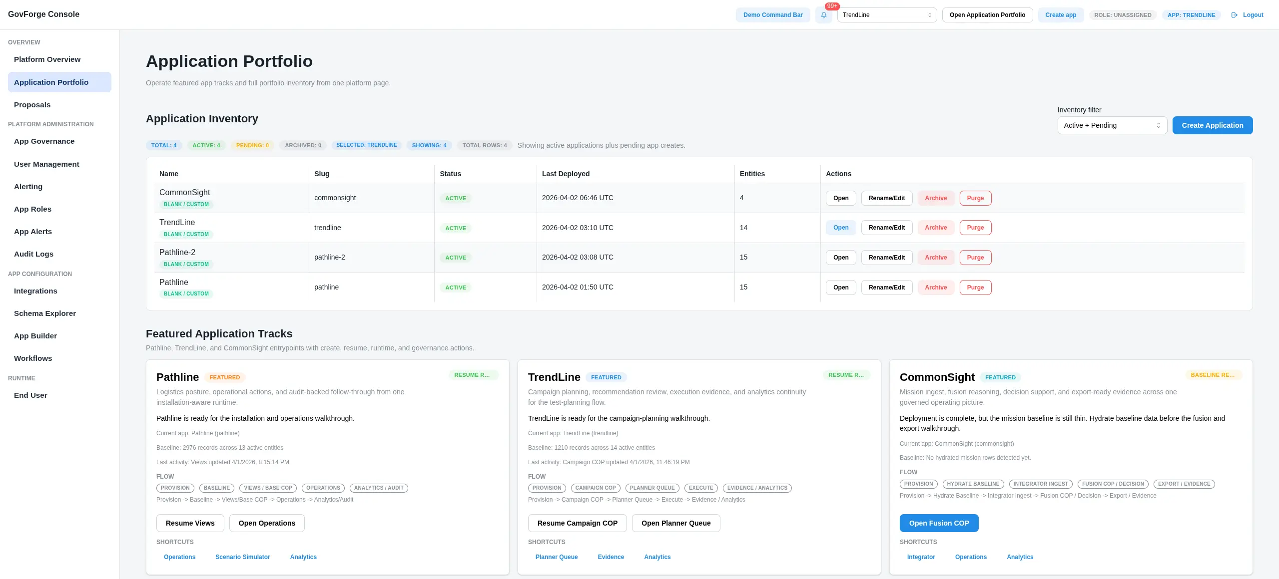 GovForge application management screenshot